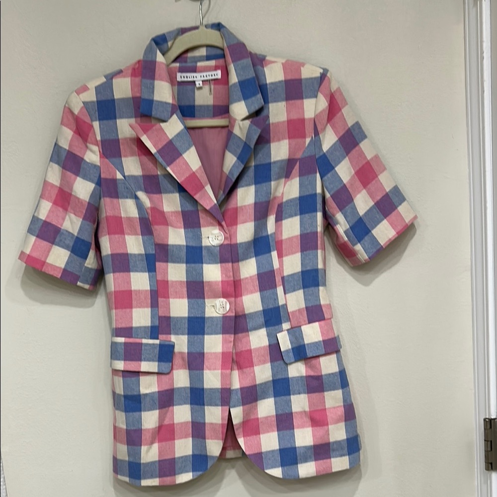 English Factory Pink and Blue Blazer Lightweight Short-Sleeved